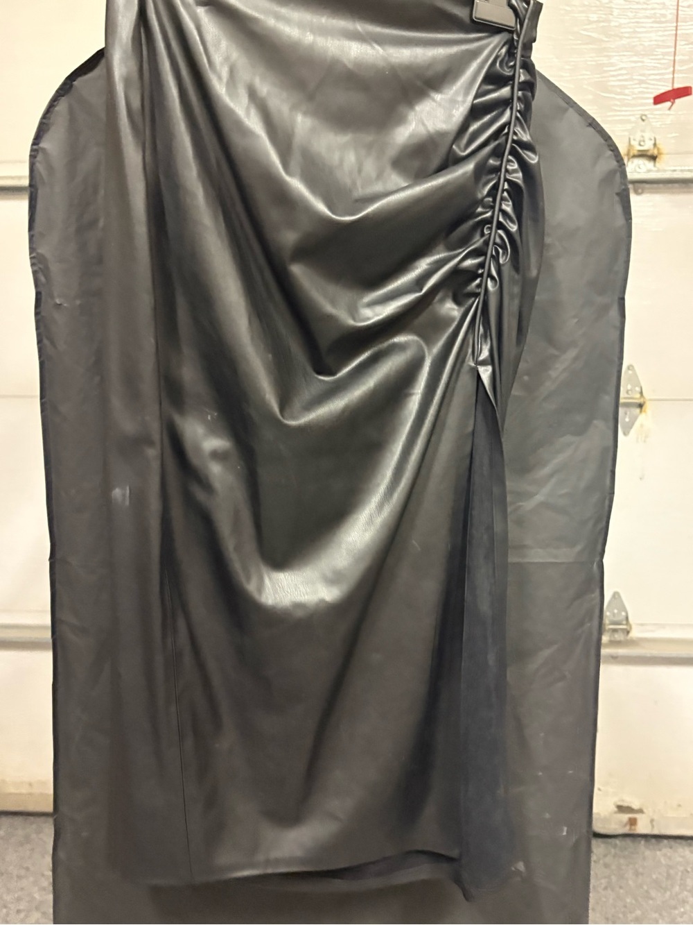 Zara Black Faux Leather Ruched Midi Skirt